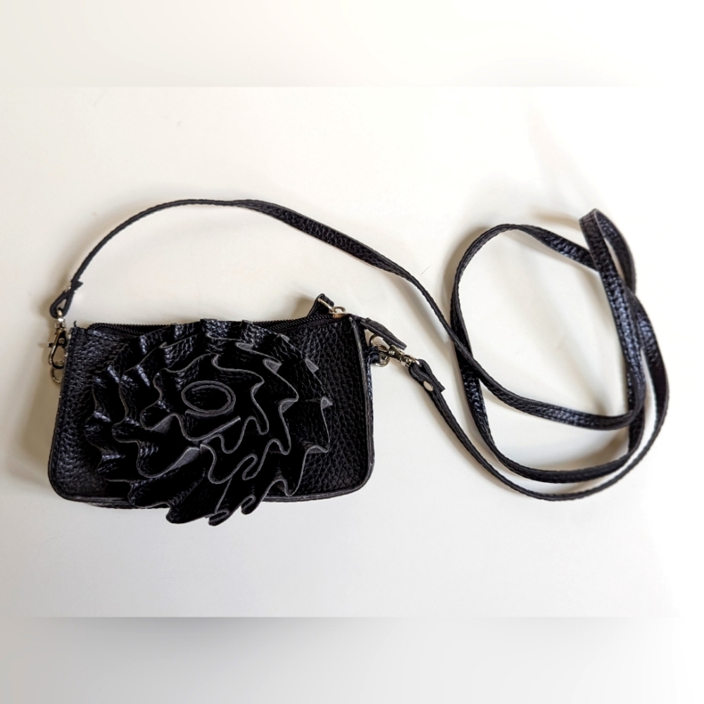 Jazzd Small Black Pebble Leather Crossbody Purse Rosette Detail Polka Dot Lining